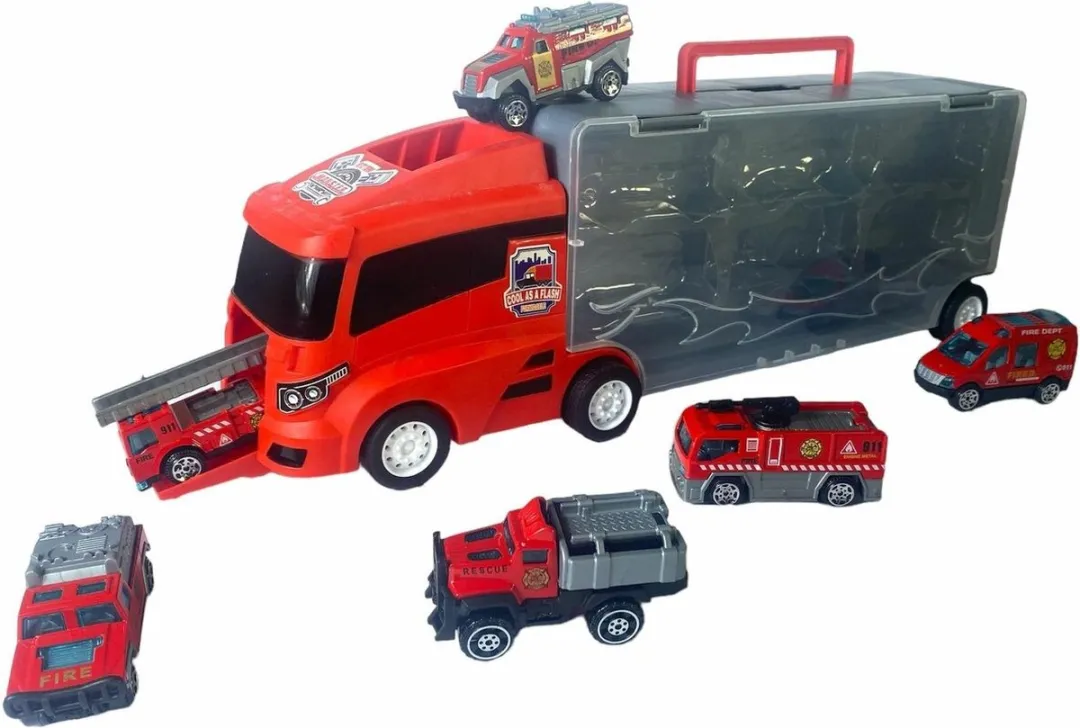 Brandweer vrachtwagen set - transporter - 6-delig koffer set - Container Truck - 36.4 cm