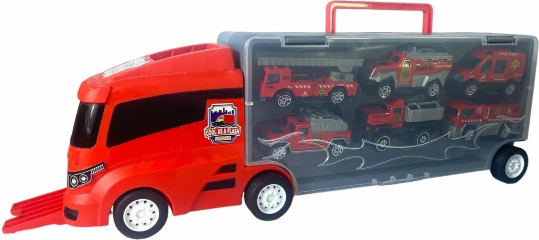 Brandweer vrachtwagen set - transporter - 6-delig koffer set - Container Truck - 36.4 cm