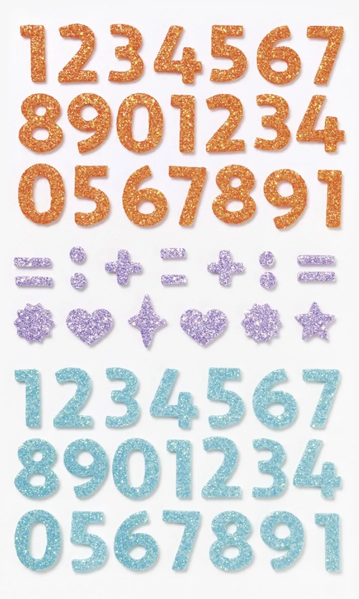 Folia Glitter Stickers Cijfers - 112 Stuks - Blauw/Geel/Rood/Paars/Turquoise