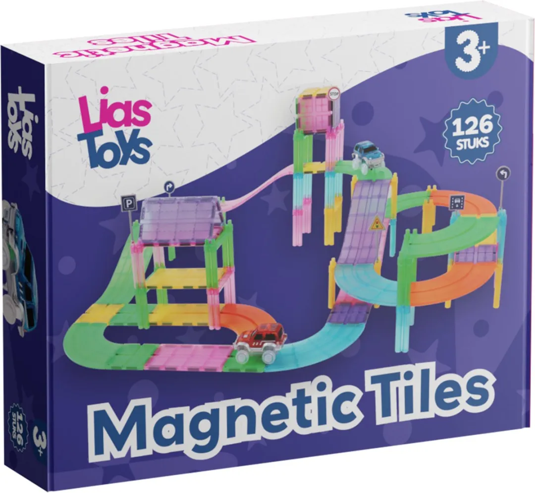 LiasToys Magnetic Tiles Racebaan 126 Stuks - Rood/Blauw/Geel/ Groen/Paars