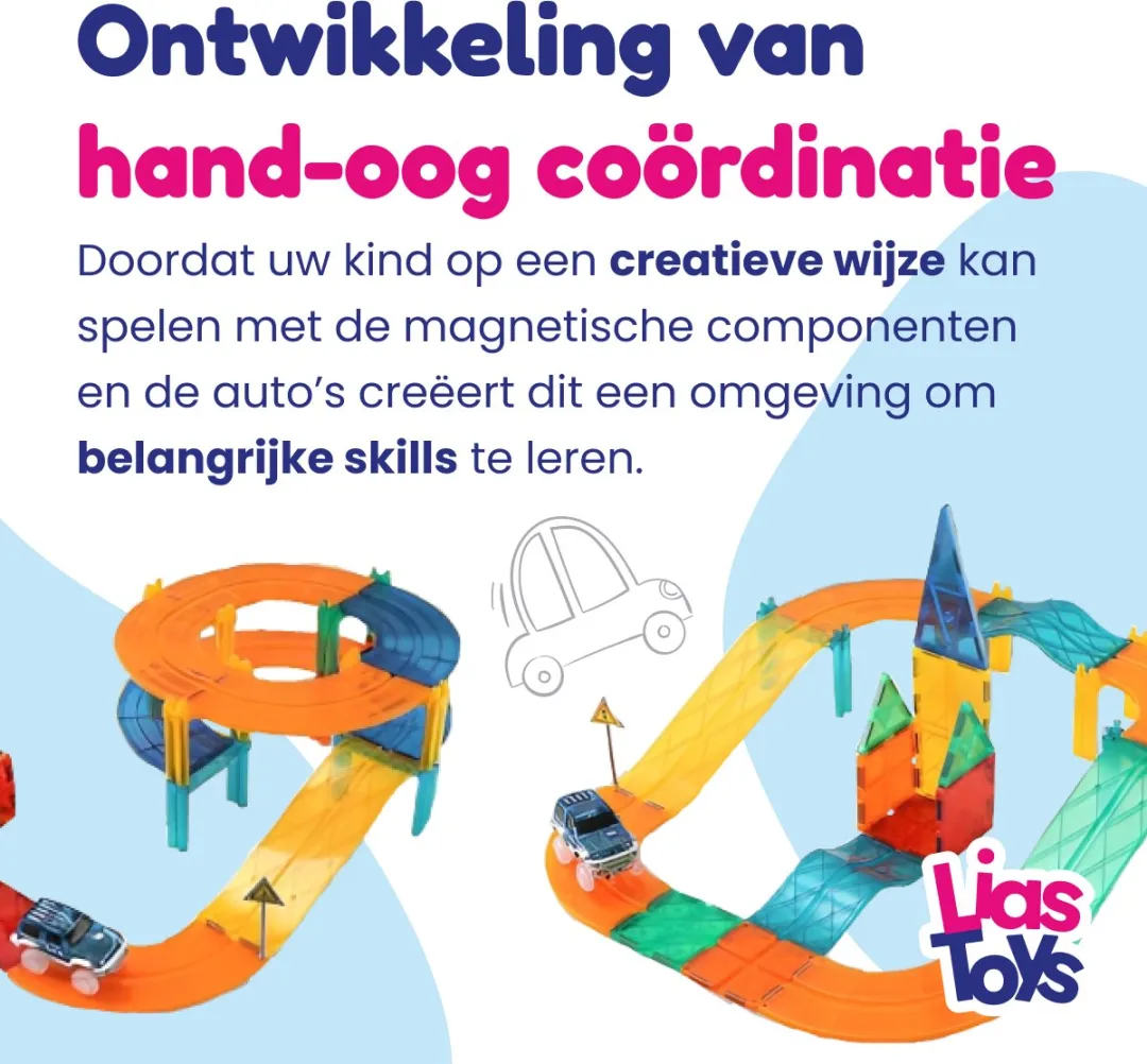 LiasToys Magnetic Tiles Racebaan 126 Stuks - Rood/Blauw/Geel/ Groen/Paars