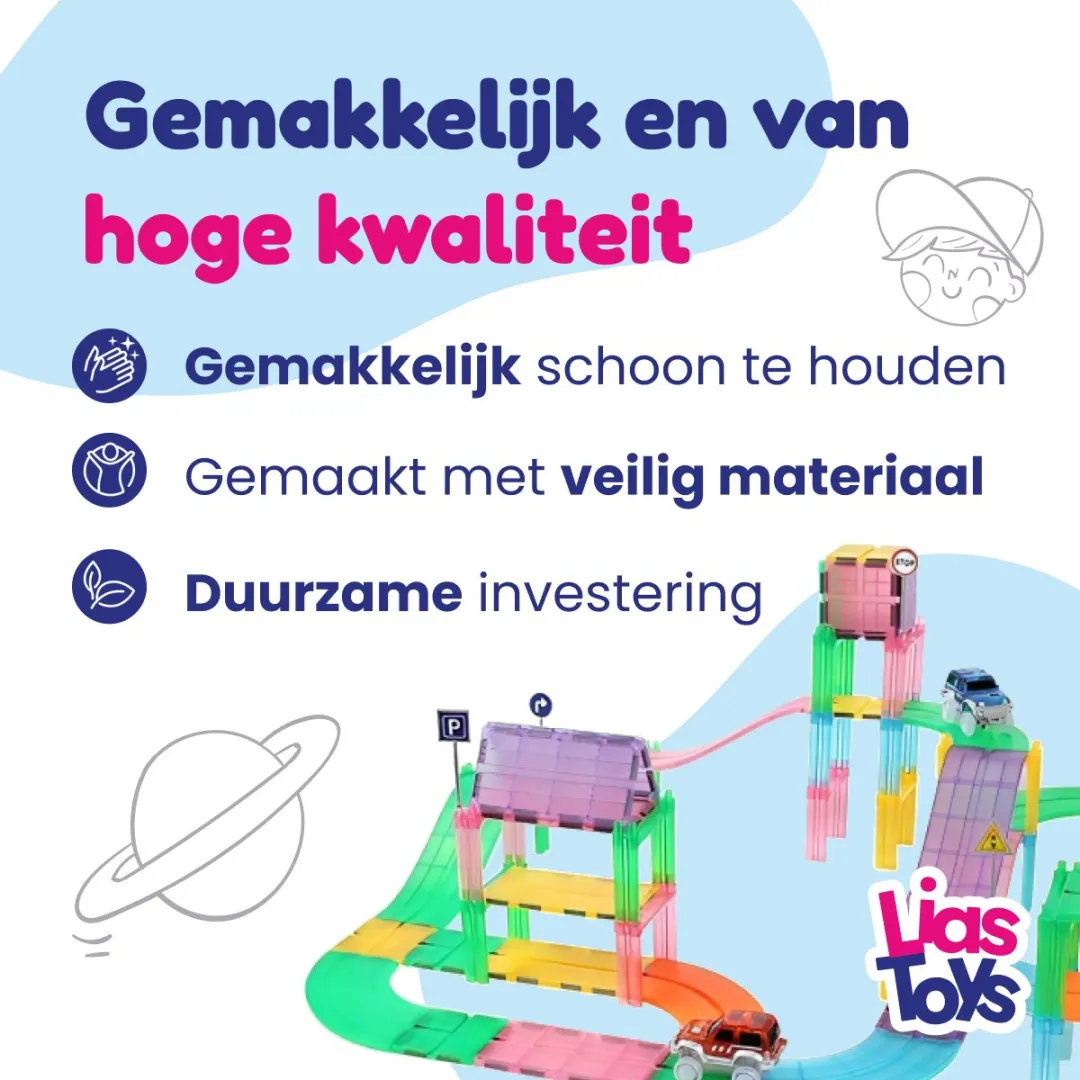 LiasToys Magnetic Tiles Racebaan 126 Stuks - Rood/Blauw/Geel/ Groen/Paars - afbeelding 6 van 6