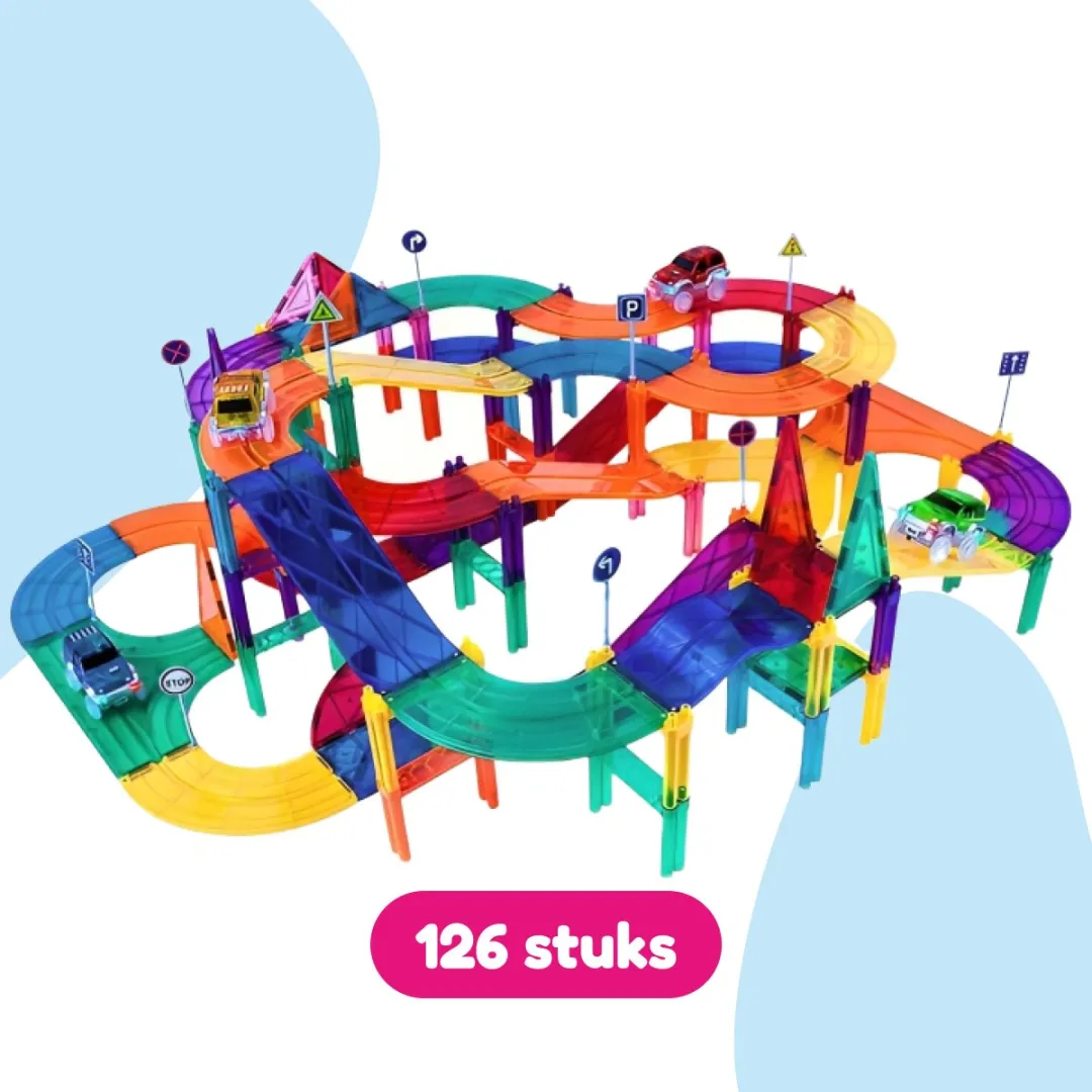 LiasToys Magnetic Tiles Racebaan 126 Stuks - Rood/Blauw/Geel/ Groen/Paars
