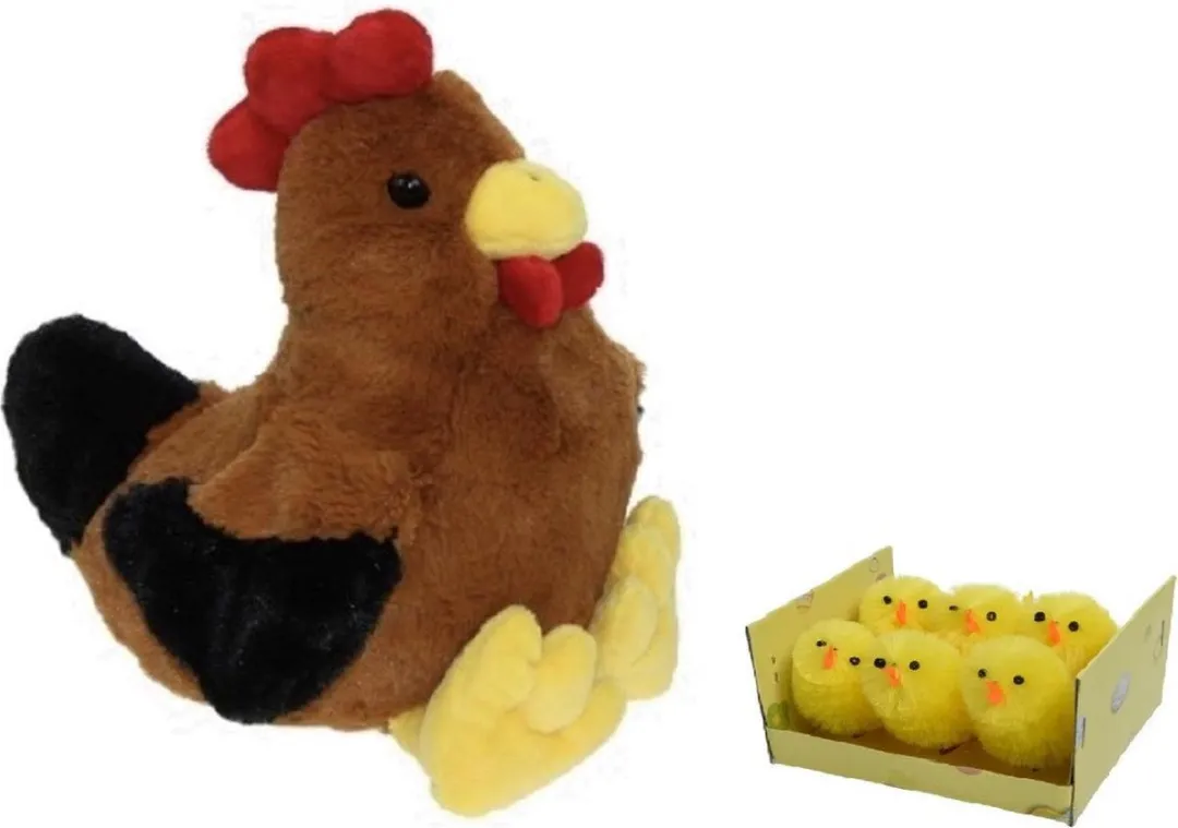Decoris Pluche Bruine Kippen Knuffel - 7 Stuks (6x Mini Kuikentjes)