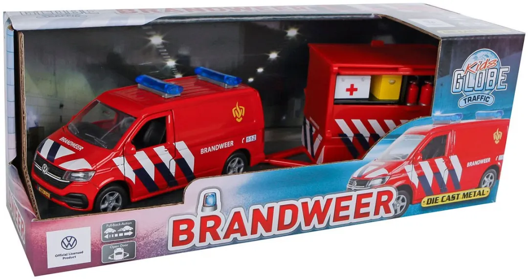 Kids Globe VW Transporter Brandweer met Aanhangwagen Rood