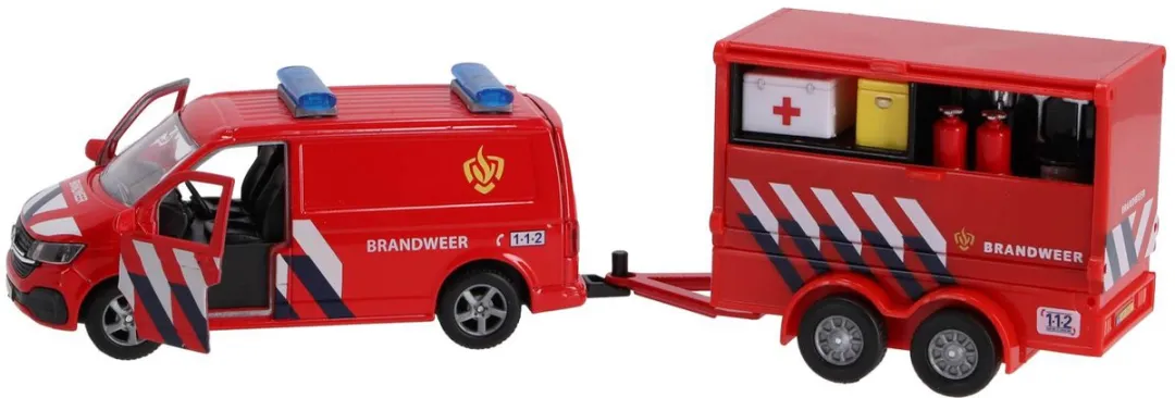 Kids Globe VW Transporter Brandweer met Aanhangwagen Rood