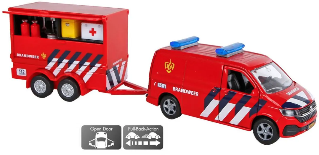 Kids Globe VW Transporter Brandweer met Aanhangwagen Rood