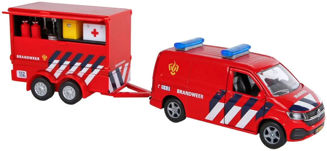 Kids Globe VW Transporter Brandweer met Aanhangwagen Rood