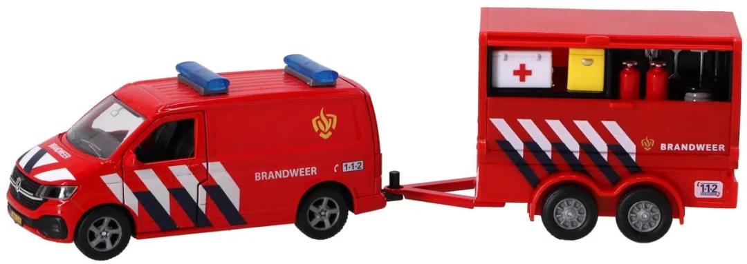 Kids Globe VW Transporter Brandweer met Aanhangwagen Rood