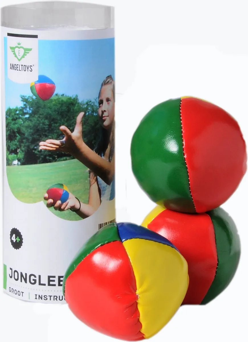 Jongleerballen Groot 2,5" – Vierkleurig (Blauw, Rood, Geel, Groen) – Set in Transparante Koker – Jongleer- & Goochelspel – Engelhart