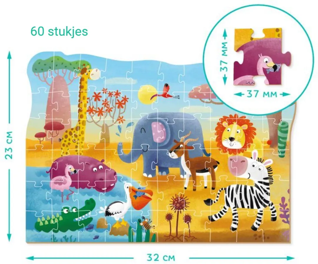 Dodo Toys Puzzel Dieren 4+ 60 Stuks - 23x32cm - Africa