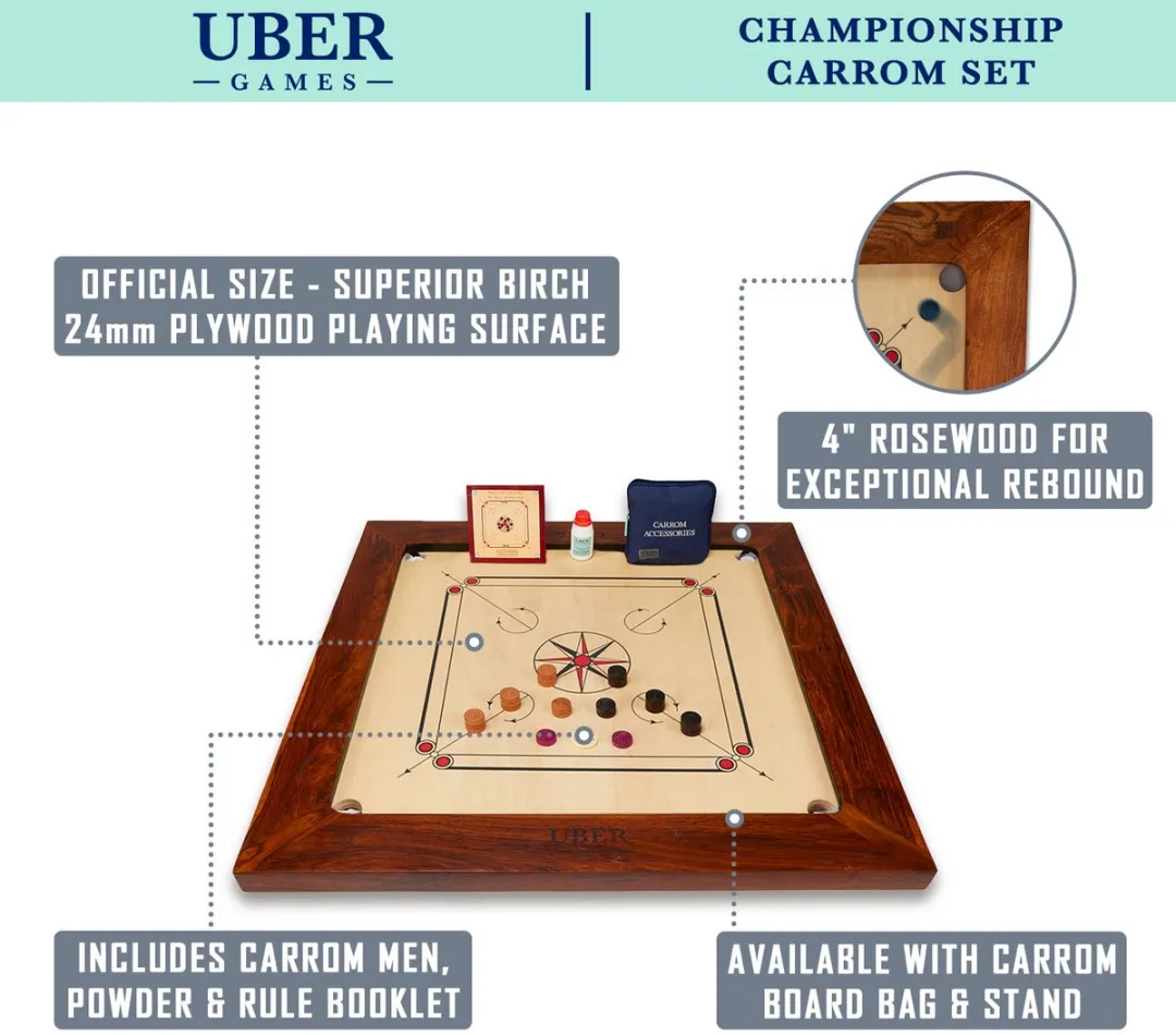 Ubergames Grootmeester Carromset - 16 kg Hardhout - 4 Spelers - Inclusief Draagtas