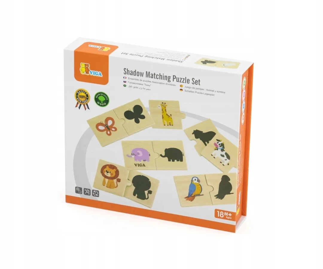 Viga Toys Houten Puzzel Dieren en Schaduwen Matchen 24-delig - Multicolor