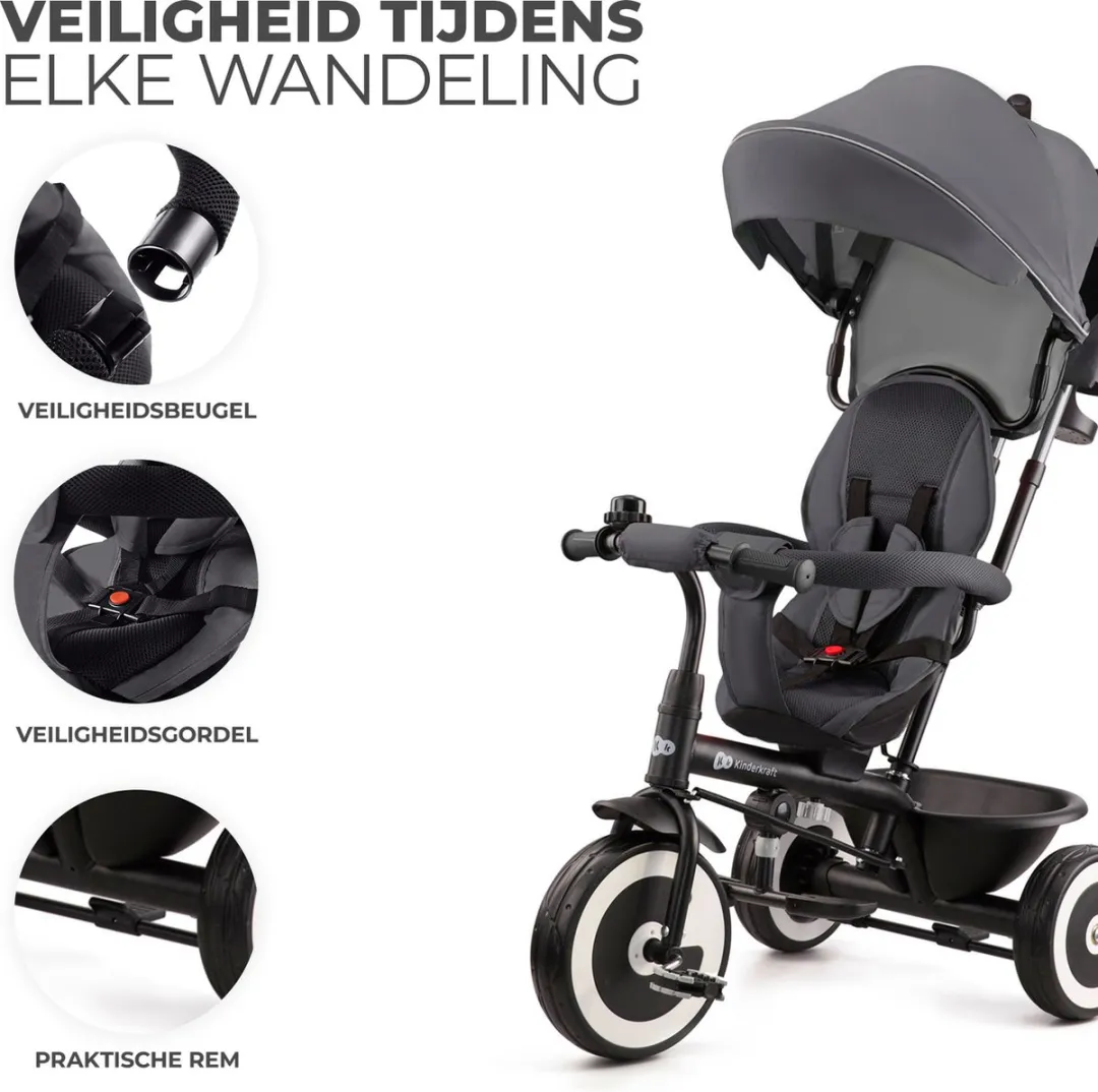 Kinderkraft ASTON Driewieler - Voor 9 Maanden tot 5 Jaar - Draaibare Zitting, Verstelbare Duwstang, Lekvrije Wielen en Veiligheidsgordels - Grijs
