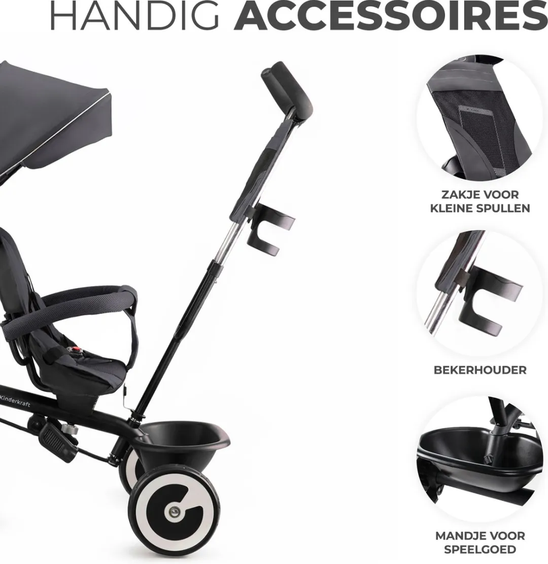 Kinderkraft ASTON Driewieler - Voor 9 Maanden tot 5 Jaar - Draaibare Zitting, Verstelbare Duwstang, Lekvrije Wielen en Veiligheidsgordels - Grijs