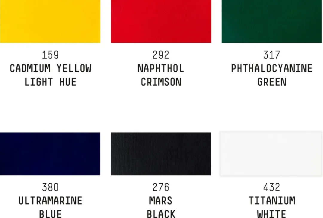 Liquitex Basics Acrylverfset 6x22ml - Cadmium Yellow Light, Mars Black, Naphthol Crimson, Phthalo Green, Ultramari