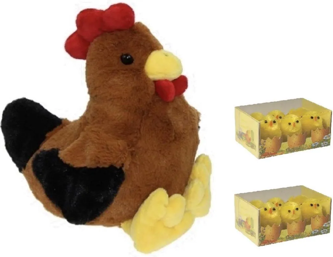 Decoris Pluche Bruine Kippenknuffel 25cm - 12x Mini Kuikentjes 3.5cm