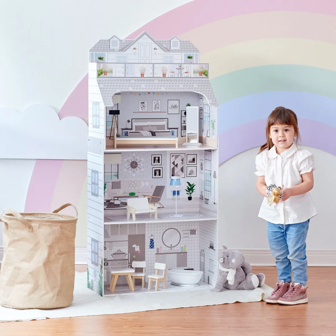 Teamson Kids 3-Lagen Poppenhuis 12" - 8 Meubels - Grijs