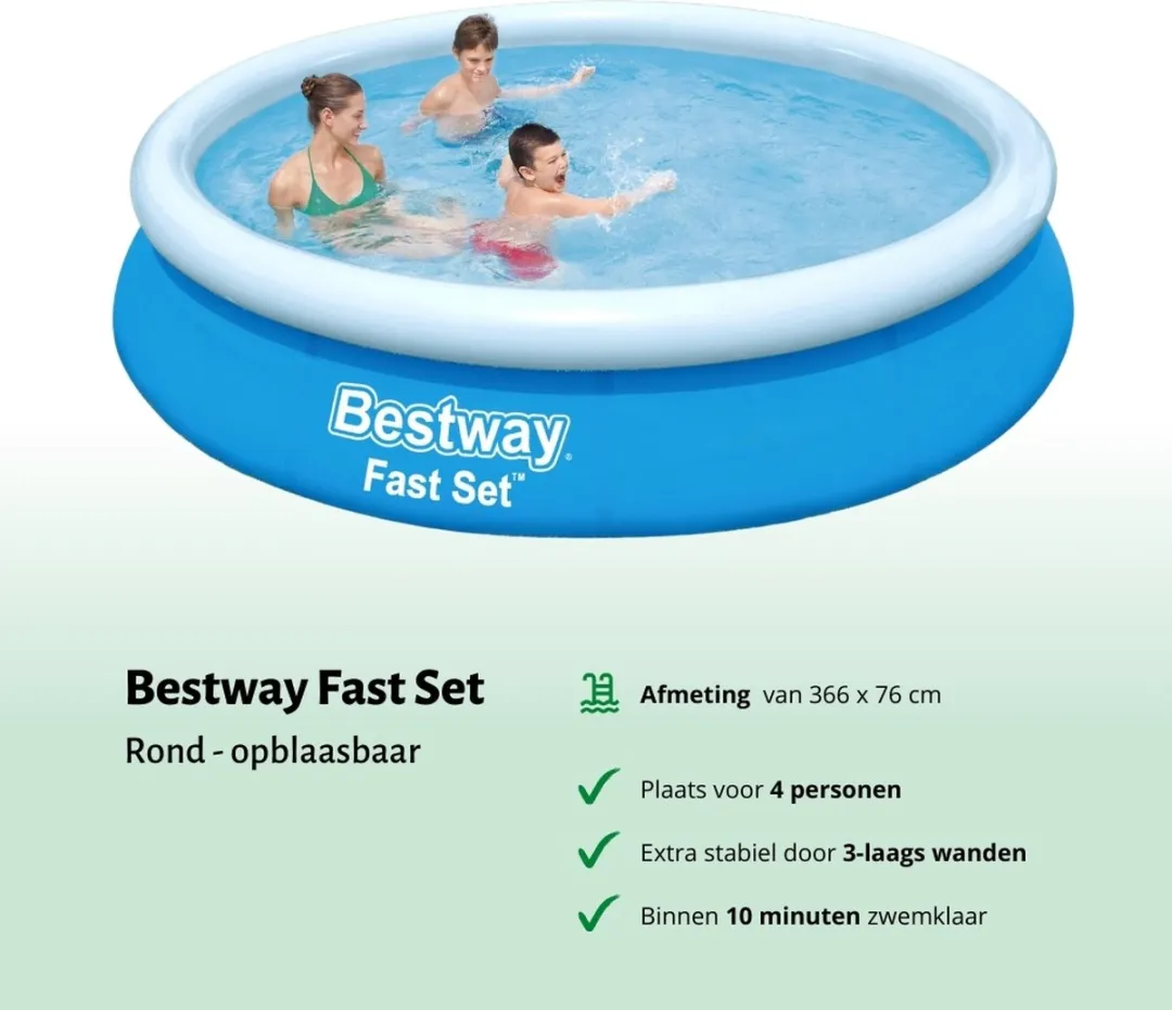 Bestway Rond Opblaasbaar Fast Set Zwembad - 366 x 76 cm - Blauw - Inclusief Pomp Solarzeil - Onderhoudspakket - Filter - Vloertegels