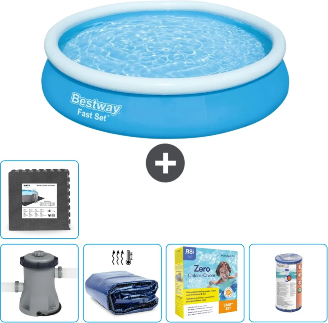 Bestway Rond Opblaasbaar Fast Set Zwembad - 366 x 76 cm - Blauw - Inclusief Pomp Solarzeil - Onderhoudspakket - Filter - Vloertegels
