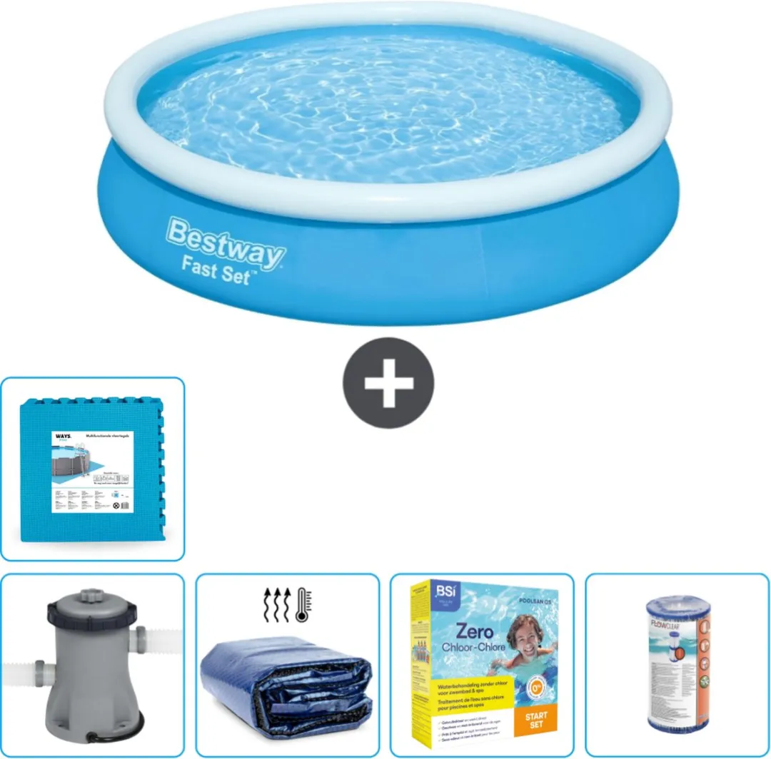 Bestway Rond Opblaasbaar Fast Set Zwembad - 366 x 76 cm - Blauw - Inclusief Pomp Solarzeil - Onderhoudspakket - Filter - Vloertegels