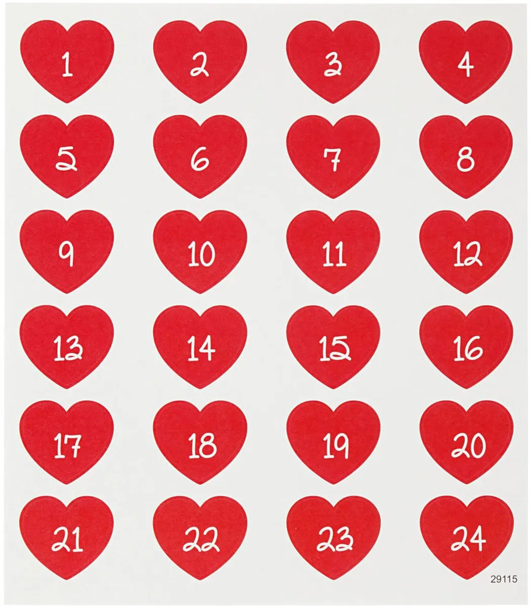 Creativ Company Rode Stickers Harten 1-24 - 1 Vel - 15x16,5cm