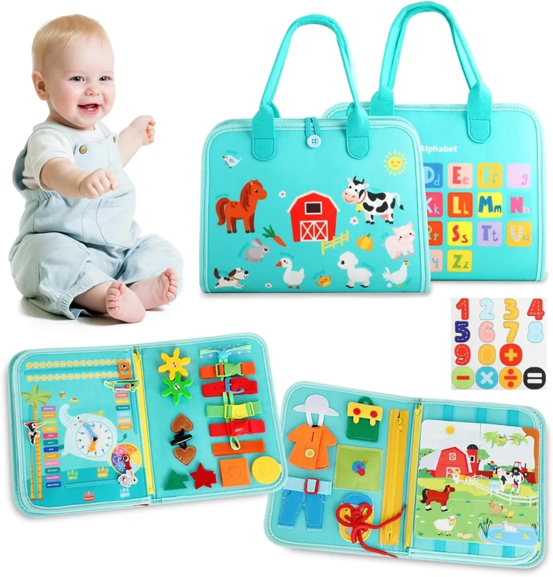 EverToys Busy Board - 4-delige vaardigheden - Klok lezen - Montessori - Motoriek Map voor Thuis en Onderweg - Leren Veter Strikken - Activiteitenbord - 25 Zelfkleden Vaardigheden Kinderen - Educatief Spel - Blue