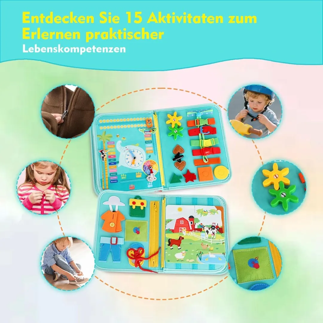 EverToys Busy Board - 4-delige vaardigheden - Klok lezen - Montessori - Motoriek Map voor Thuis en Onderweg - Leren Veter Strikken - Activiteitenbord - 25 Zelfkleden Vaardigheden Kinderen - Educatief Spel - Blue