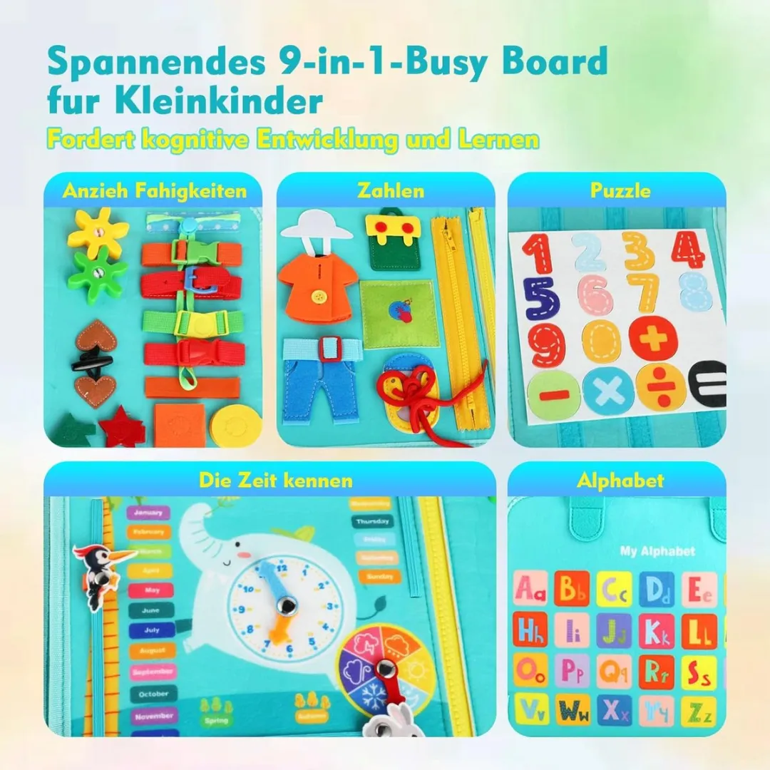EverToys Busy Board - 4-delige vaardigheden - Klok lezen - Montessori - Motoriek Map voor Thuis en Onderweg - Leren Veter Strikken - Activiteitenbord - 25 Zelfkleden Vaardigheden Kinderen - Educatief Spel - Blue