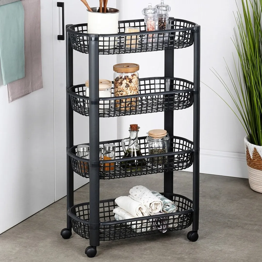 Excellent Houseware Regaal op Wielen 4 Niveaus - 46,5x26x79cm - Zwart