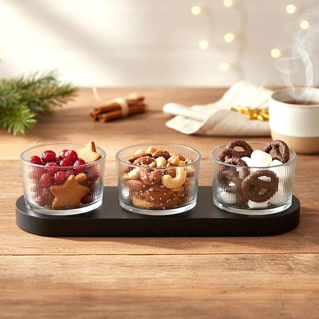 Excellent Houseware Snackkommen Set Glas & Hout - 4-delig - Transparant/Zwart
