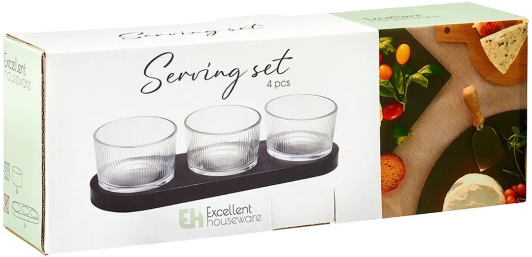 Excellent Houseware Snackkommen Set Glas & Hout - 4-delig - Transparant/Zwart