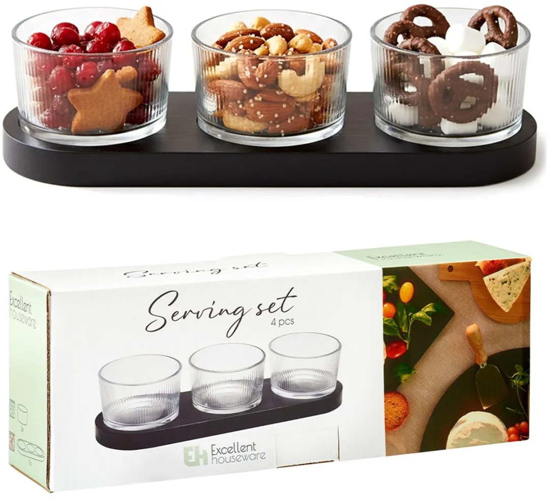 Excellent Houseware Snackkommen Set Glas & Hout - 4-delig - Transparant/Zwart