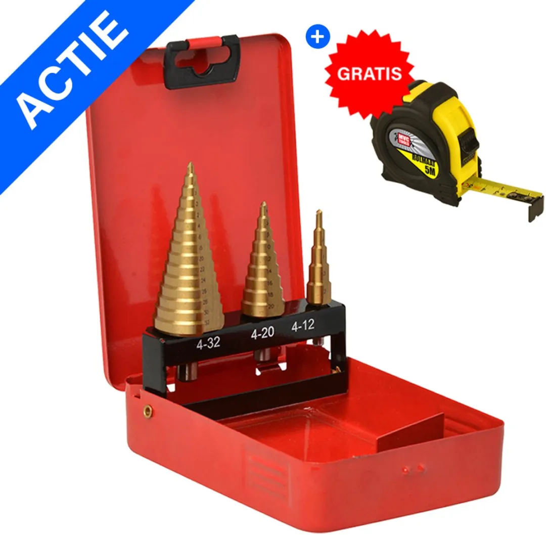 Hercules 3-delige Trapeziumboorset 4-12/20/32mm Tin Coated HSS