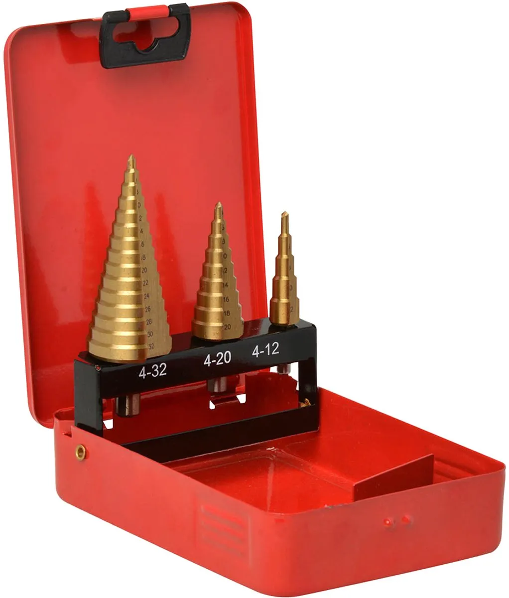 Hercules 3-delige Trapeziumboorset 4-12/20/32mm Tin Coated HSS - Metalen doos