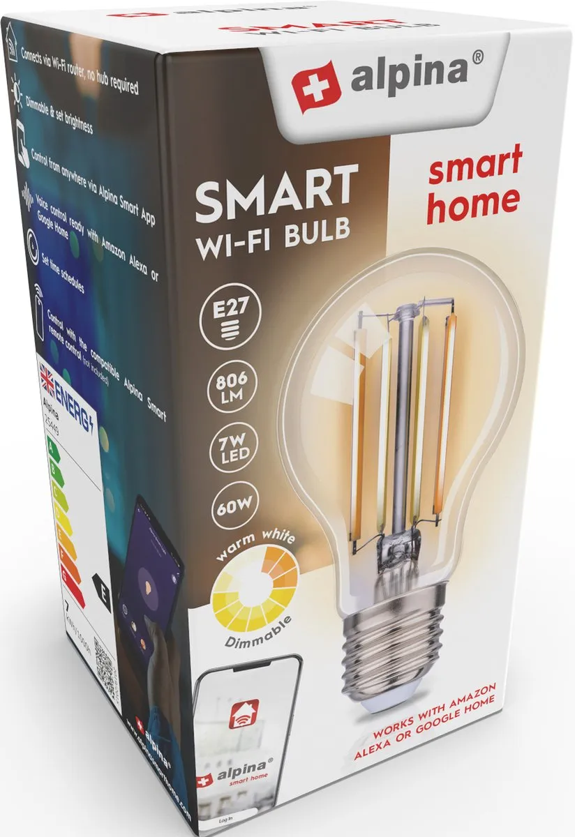 Alpina Smart Home Wifi E27 LED Lamp 7W - Warm wit - App & Voice Control - afbeelding 6 van 6