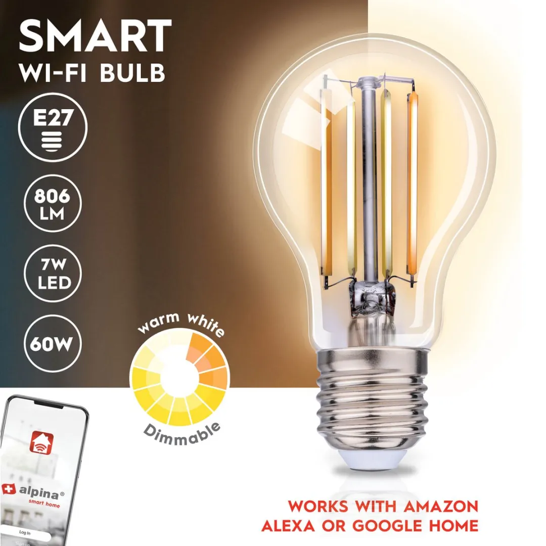 Alpina Smart Home Wifi E27 LED Lamp 7W - Warm wit - App & Voice Control
