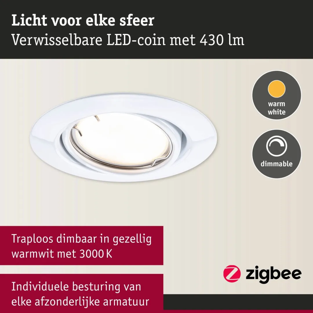 Paulmann LED-inbouwlamp Smart Home Zigbee 3.0 Coin Basisset - 3x4,9W 430lm 230V - Wit - afbeelding 6 van 6
