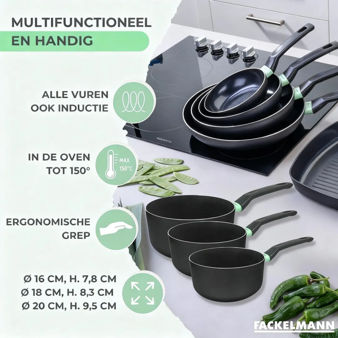Fackelmann 9429950 Anti-aanbakset Keramisch - 16/18/20cm - Zwart & Groen