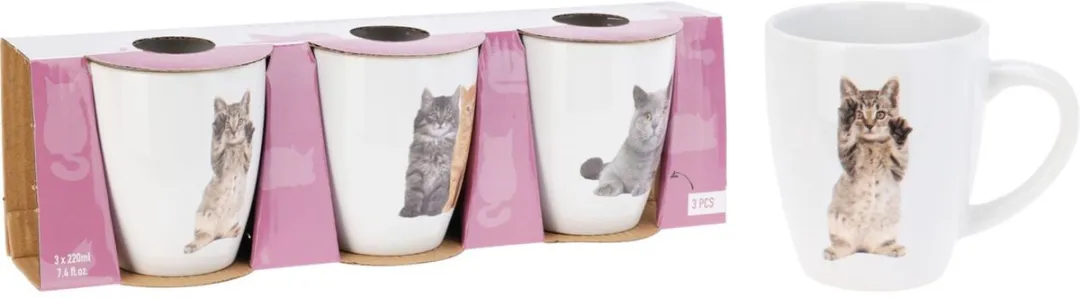 Excellent Houseware Bekerset Katten 3-delig 220ml - Wit - afbeelding 6 van 6