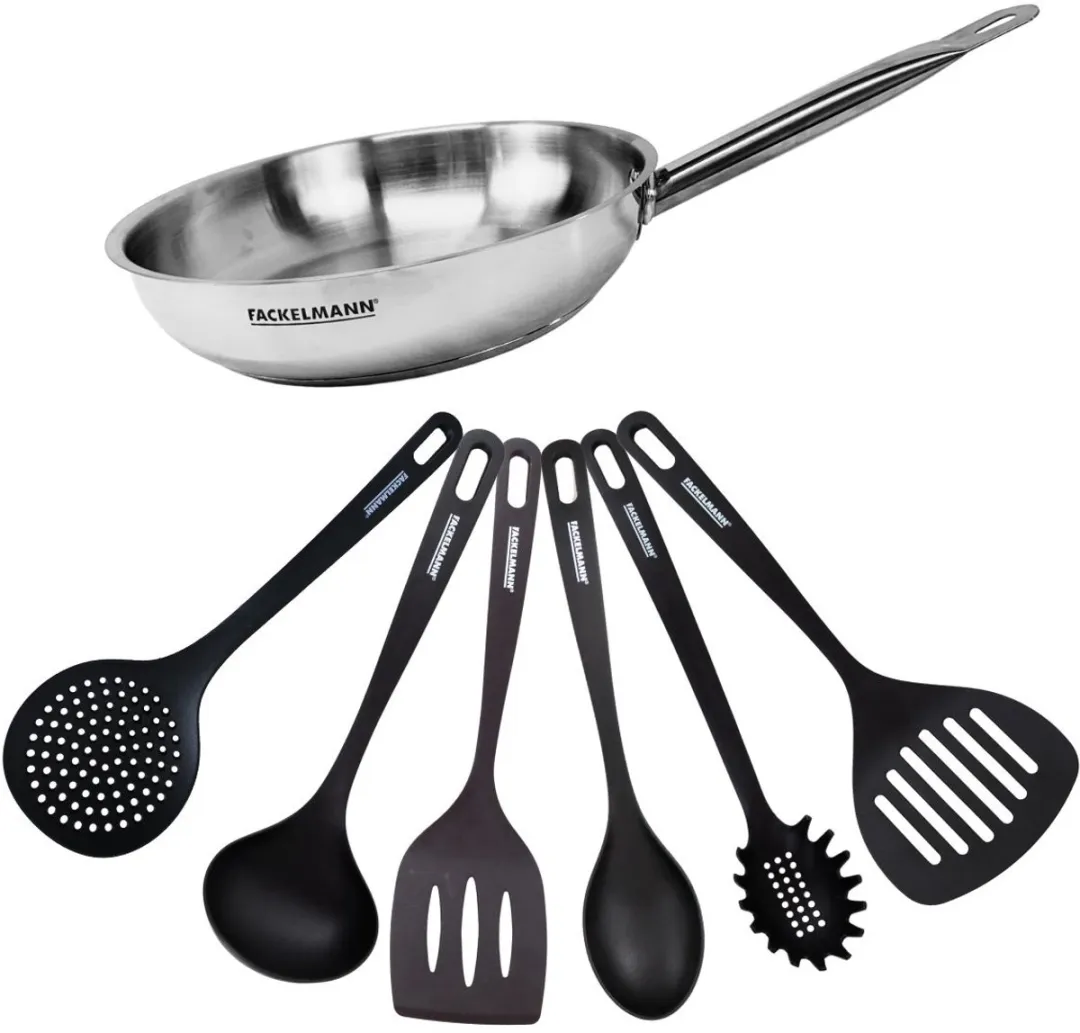 Fackelmann 9437250 Kookset - 28cm Roestvrijstalen Pan met 6 Keukengerei