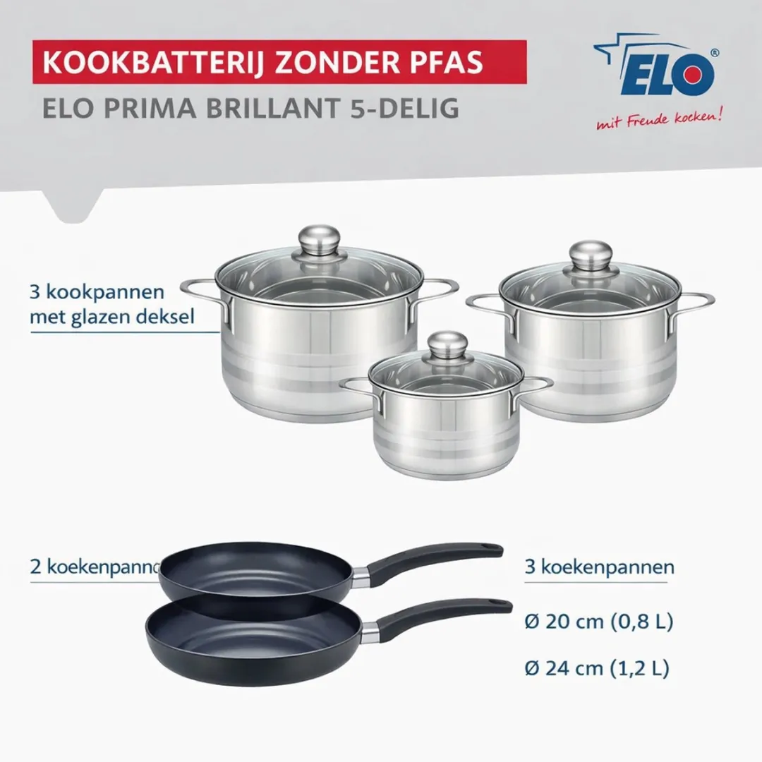 Fackelmann Elo Prima Keukengerei Set 5-delig - 2 Bakpannen 20/24cm & 3 Kookpotten 12/14/20cm - Roestvrij staal