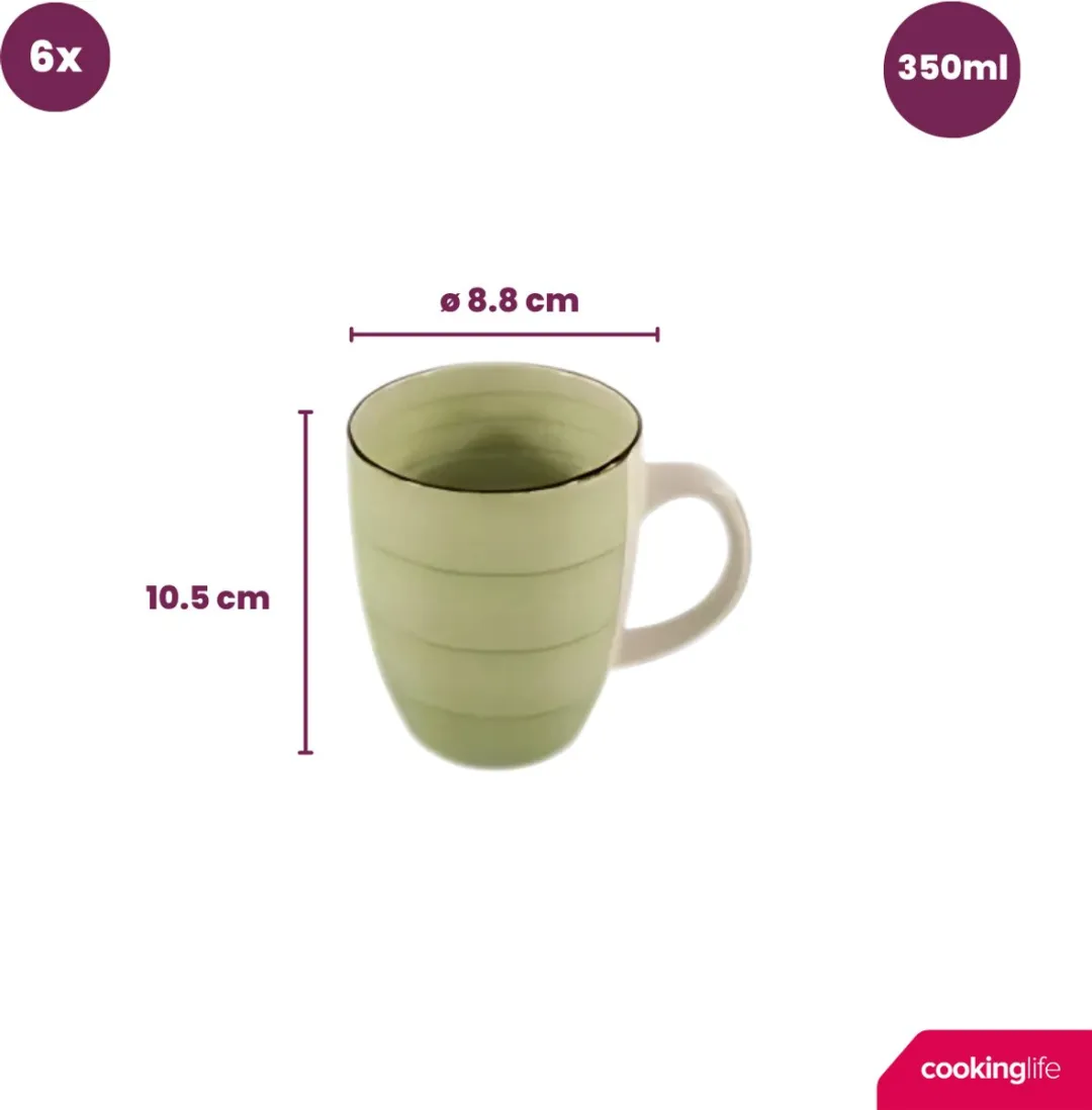 Cookinglife Mokken Delice Groen 350 ml – Set van 6 – Aardewerk met Diepgroen Glazuur – Vaatwasser- & Magnetronbestendig