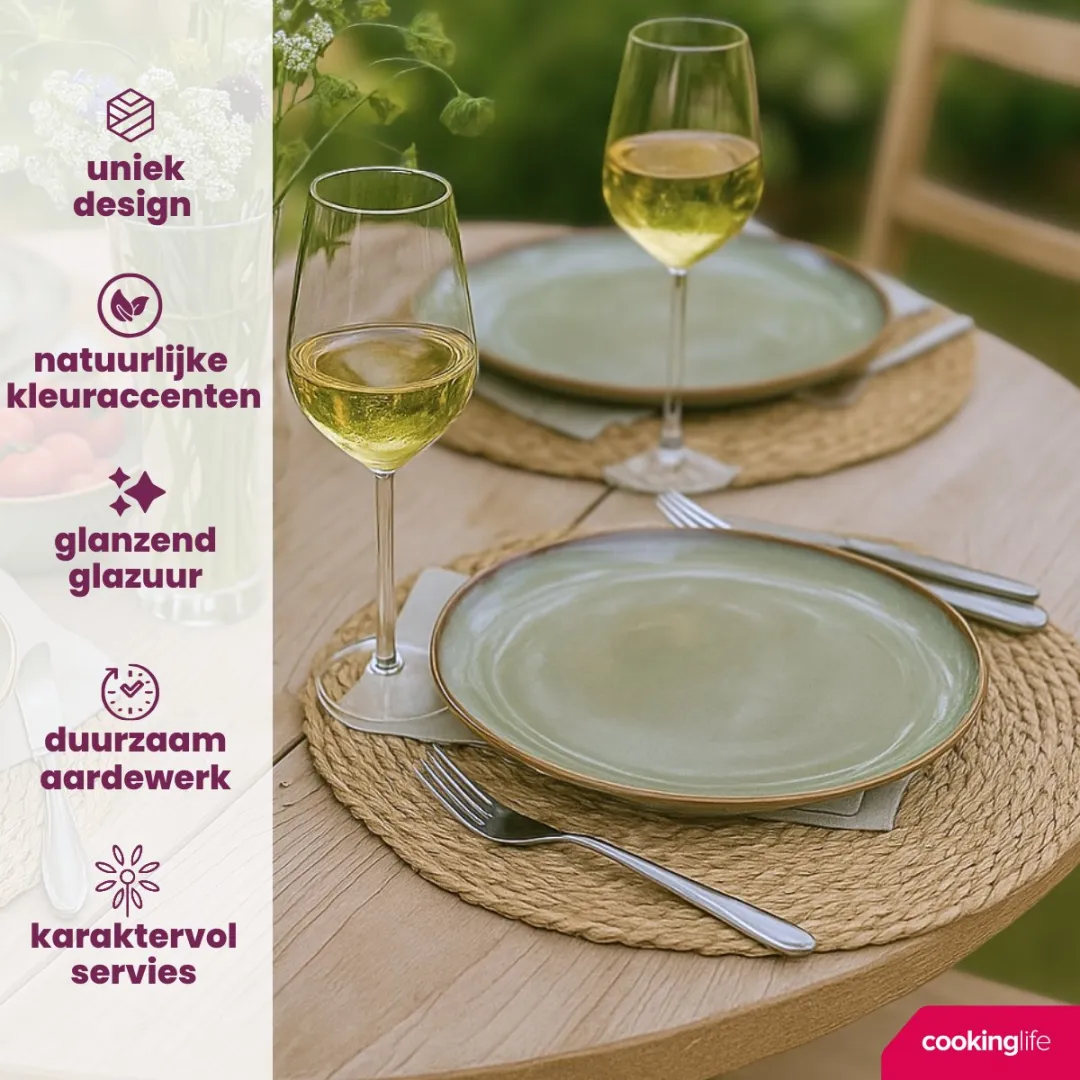 Cookinglife Bordenset Sabi Groen 6-delig – Servies Set 6 Personen – Modern Design Aardewerk – Vaatwasser- & Magnetronbestendig
