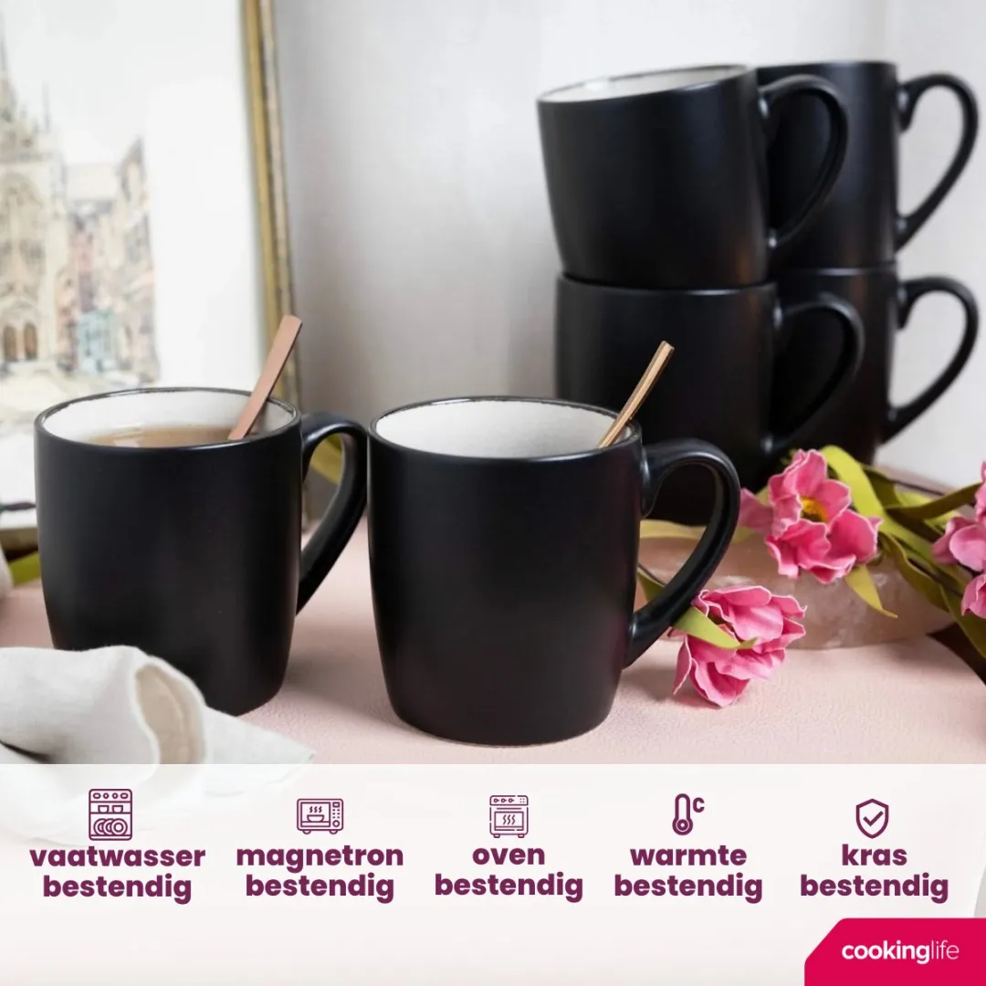 Cookinglife Mokken Nola Warm Grey - 6 Stuks 350 ml - Aardewerk - Magnetron- & Vaatwasserbestendig