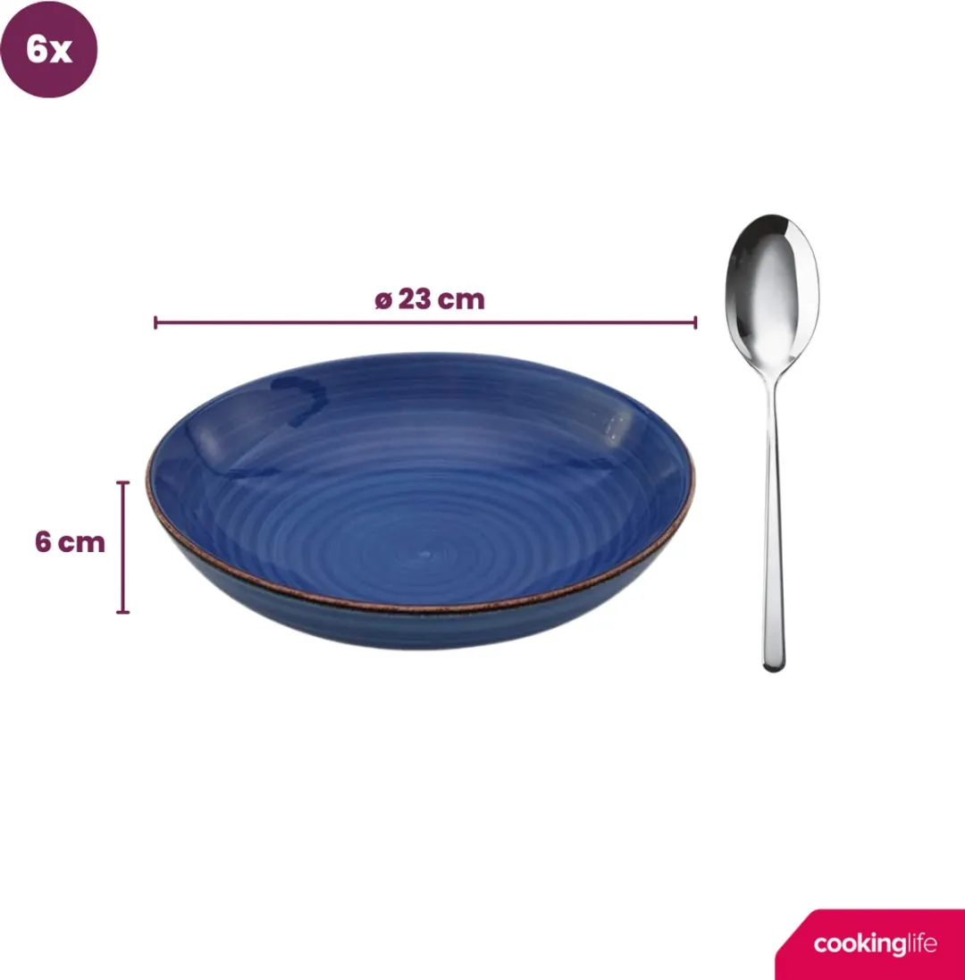 Cookinglife Delice Blue Diep Bord - Set van 6 - Ø23cm - Aardewerk