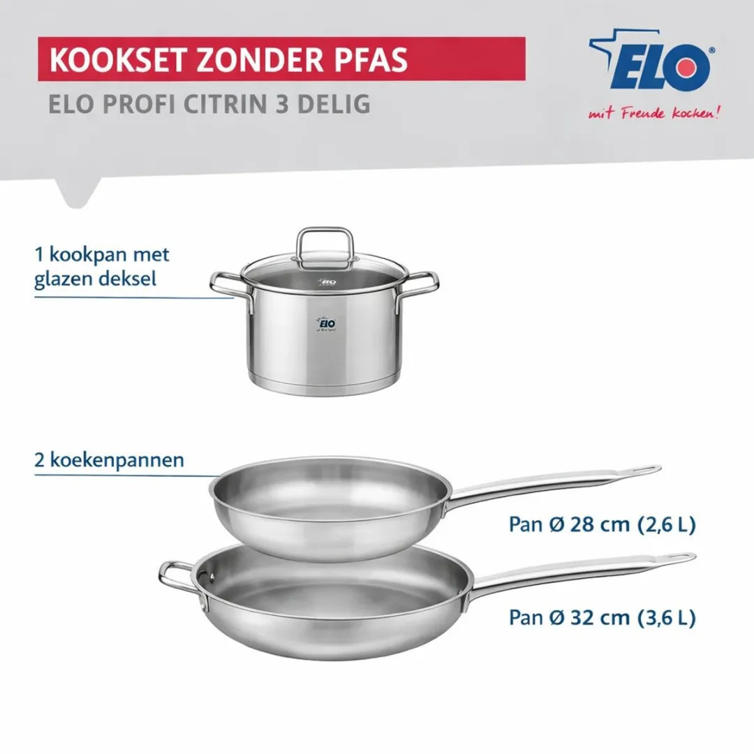 Fackelmann Elo Profi Keukenset 3-delig - 28/32cm Bakpannen + 26cm Braadpan - Roestvrij staal