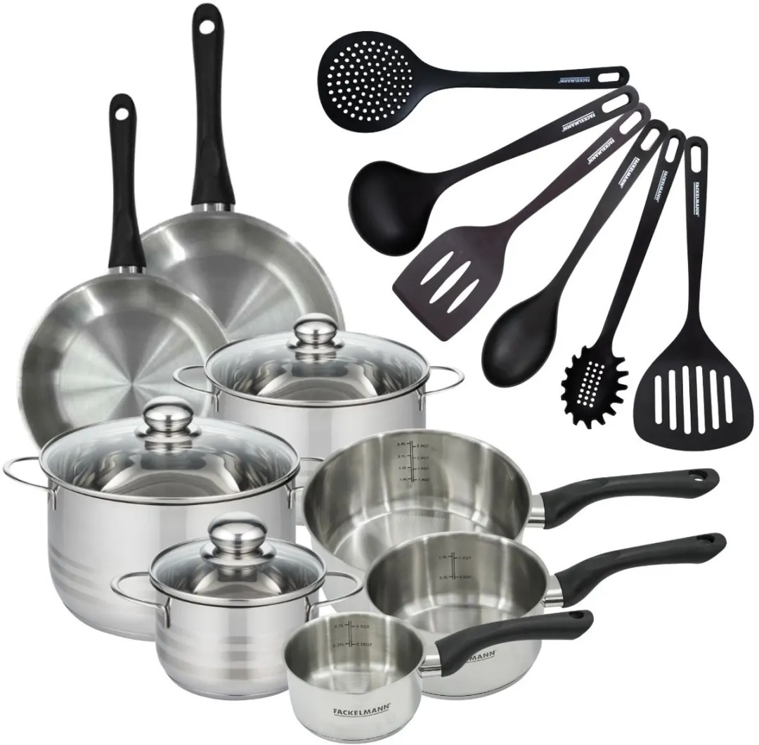Fackelmann 9357950B88 Keukenset - 2 Pannen 20/24cm + 3 Steelpannen 12/16/20cm + 3 Braadpannen 16/20/24cm - Roestvrij staal