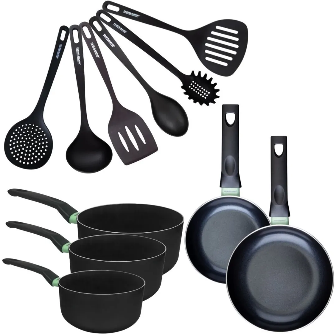 Fackelmann 9432850B88 Kookset - 2 Pannen 16/20cm + 3 Pannen + 6 Keukengerei - Zwart/Groen