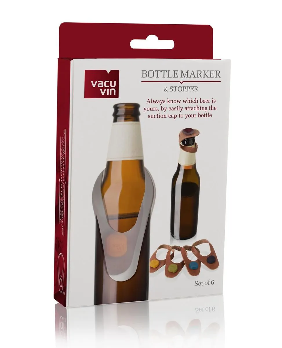 Vacu Vin Flesmarker en stopper - Leer - set van 6